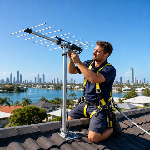 Electrician installing a television antenna on a roof