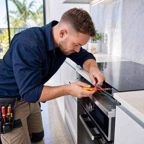 Electrician connecting a kitchen cooktop and oven