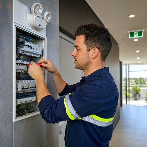 Electrician maintaining an apartment building switchboard