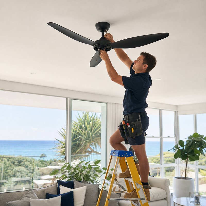 Electrician installing a ceiling fan in a coastal home
