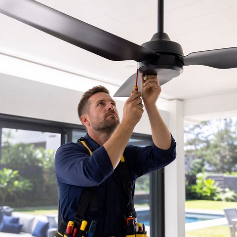 Electrician installing a ceiling fan