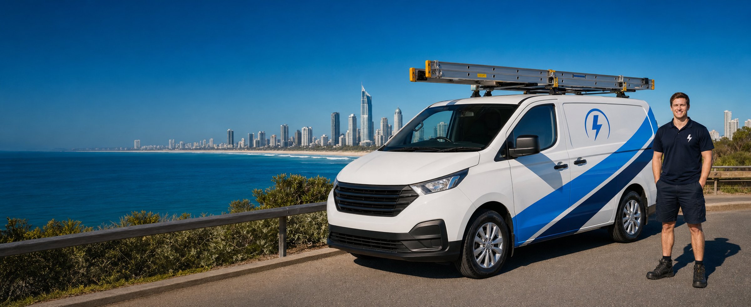 Coastline Electrical GC electrician and service van overlooking the Surfers Paradise skyline