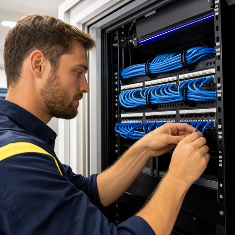 Electrician terminating data cables in a network cabinet