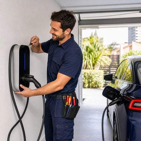 Electrician installing an electric vehicle charger