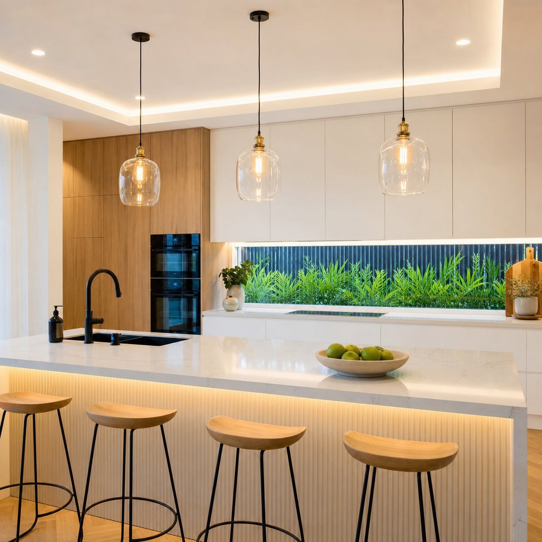 Completed pendant and LED lighting installation in a modern kitchen