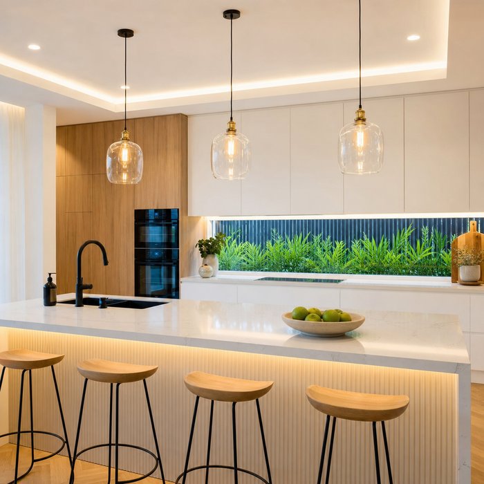 Completed pendant and LED kitchen lighting installation
