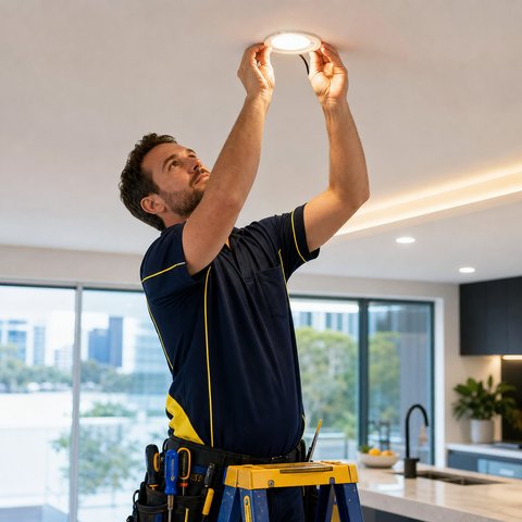 Electrician installing energy-efficient LED lighting