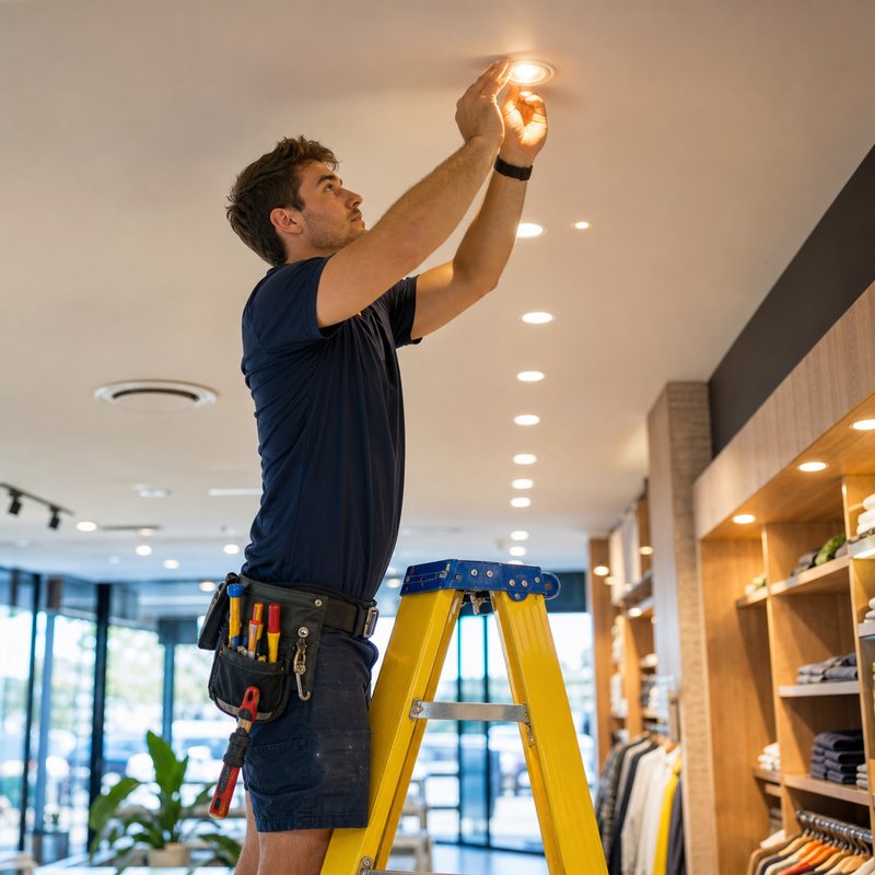 Electrician fitting energy-efficient LED lighting in a retail space