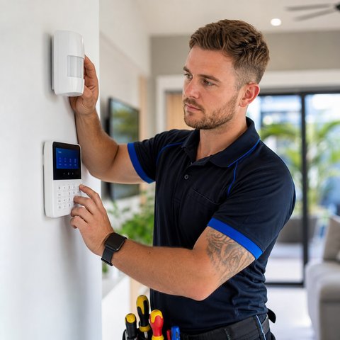 Technician testing a home security alarm system