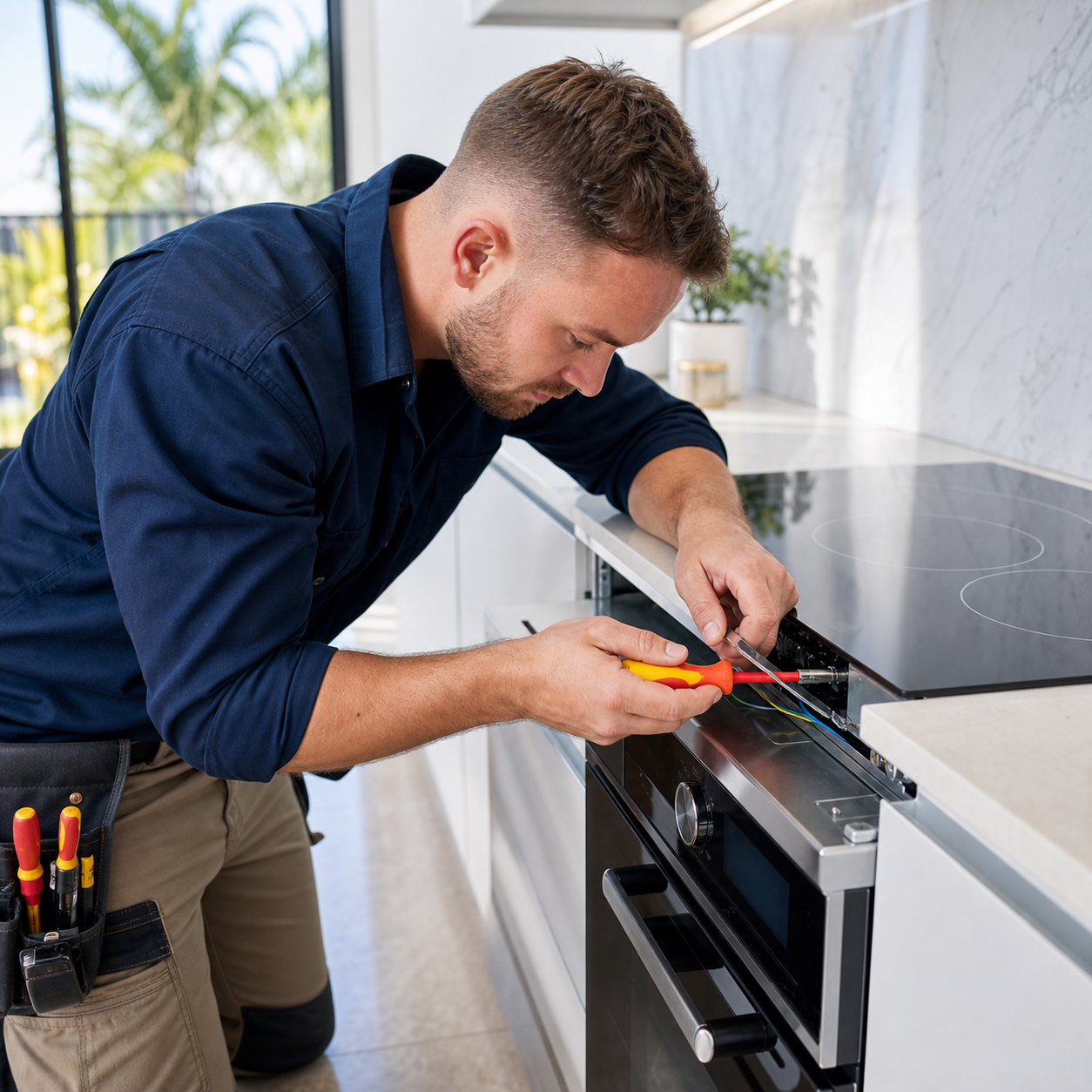 Electrician connecting a kitchen cooktop and oven