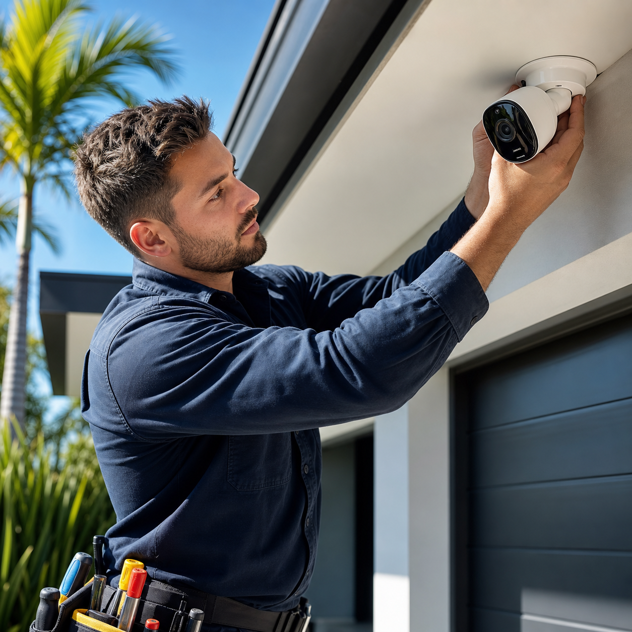 Technician installing an outdoor CCTV camera