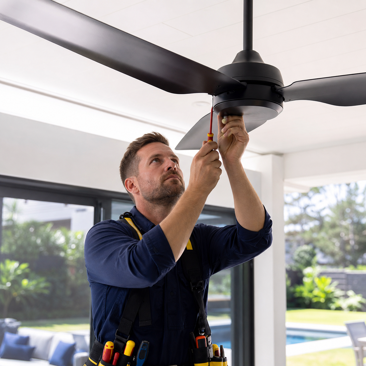 Electrician installing a ceiling fan
