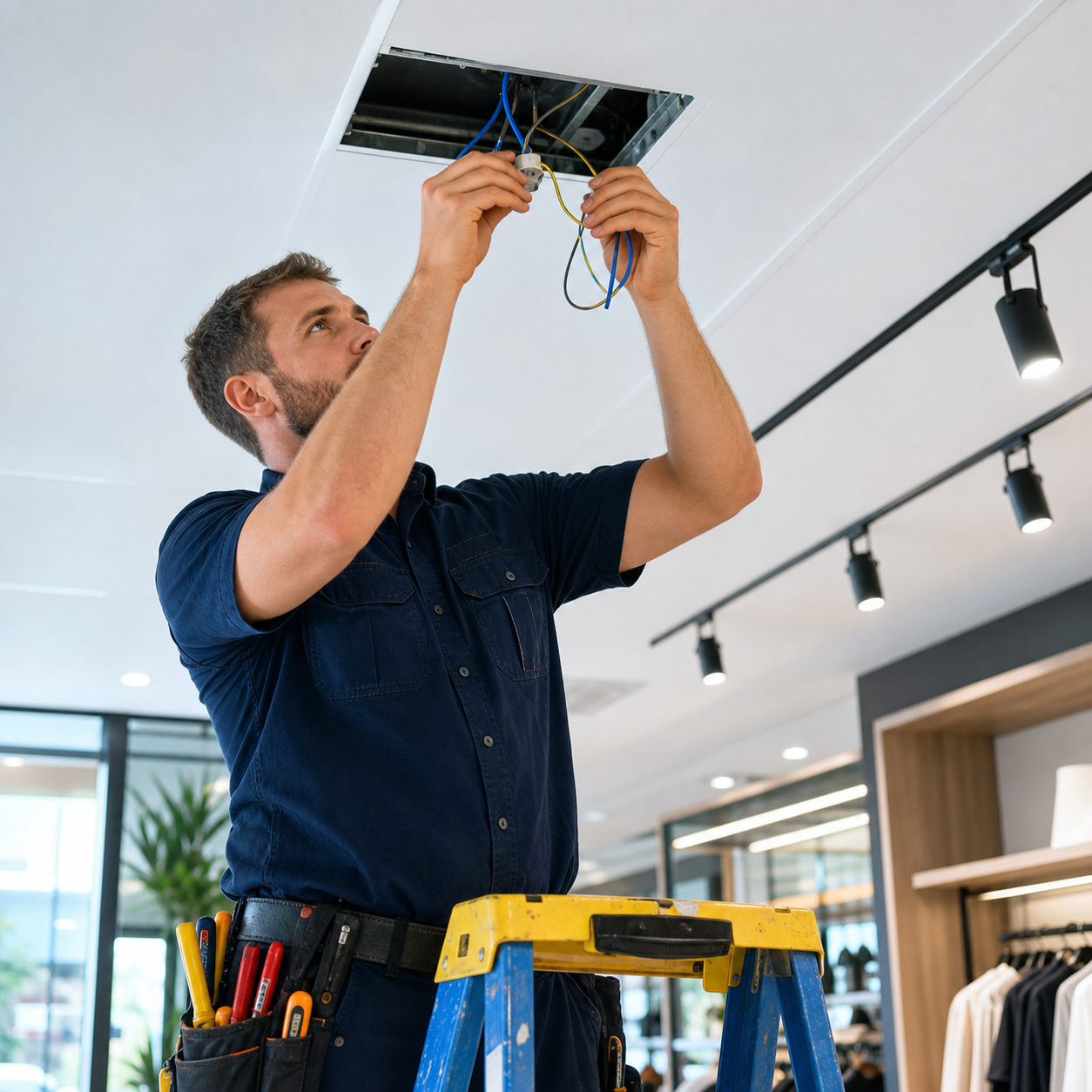 Commercial electrician servicing ceiling wiring
