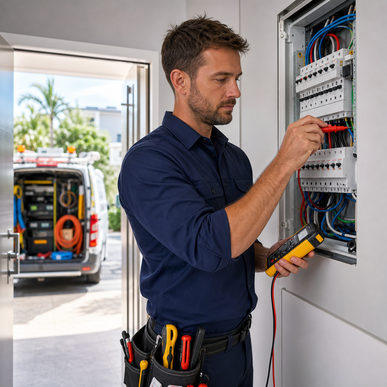 Emergency electrician testing a switchboard