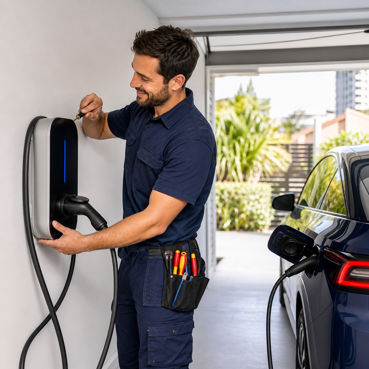 Electrician installing an electric vehicle charger
