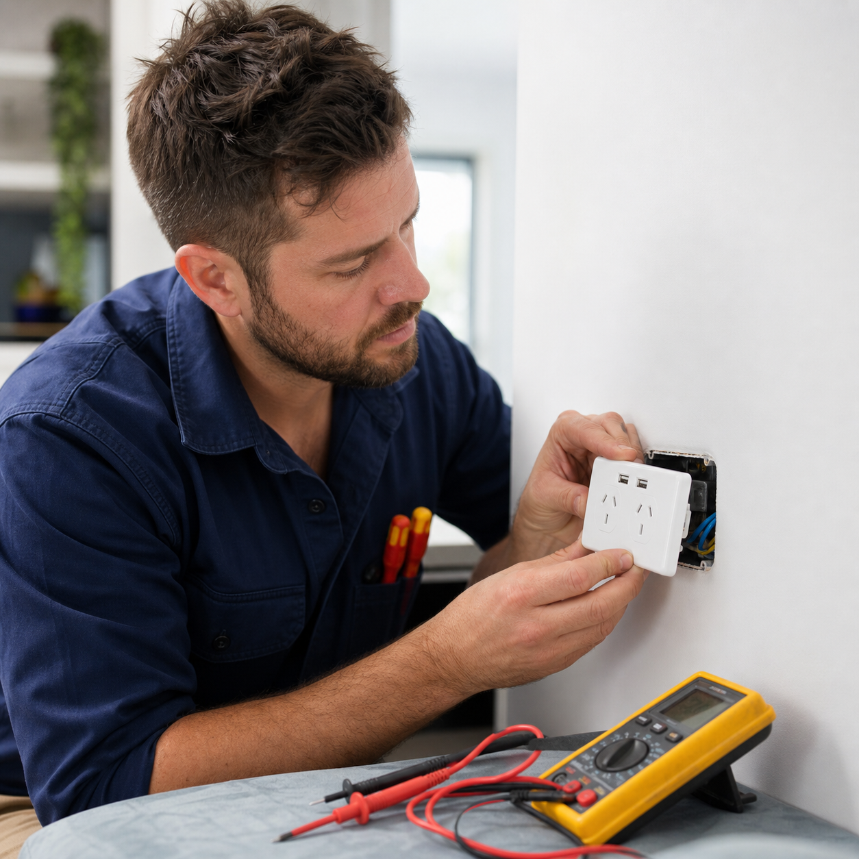 Electrician fitting a new double power point