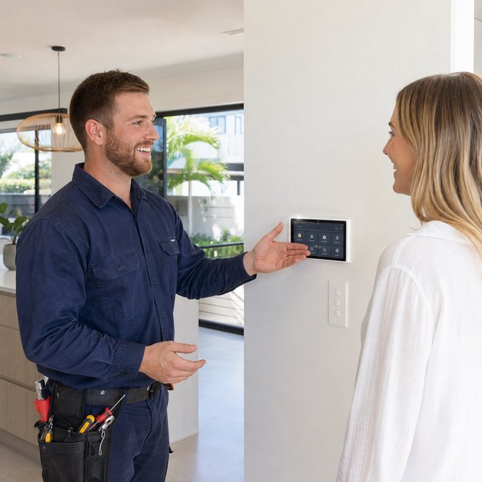 Electrician demonstrating smart home controls to a customer