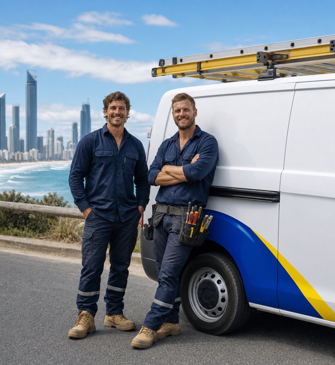 Coastline Electrical GC electricians with their service van overlooking the Gold Coast