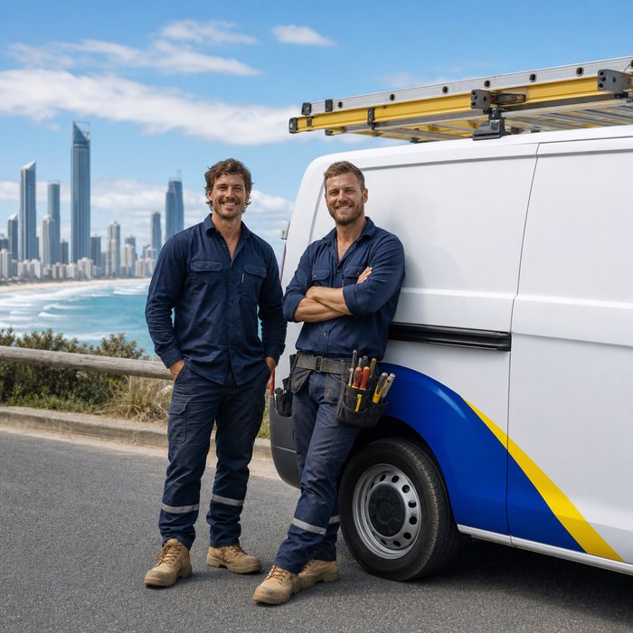 Coastline electricians beside a service van overlooking Surfers Paradise